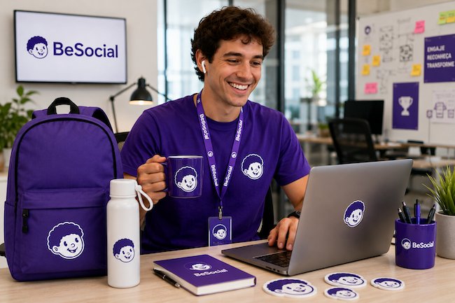 Time da BeSocial usando produtos personalizados da marca